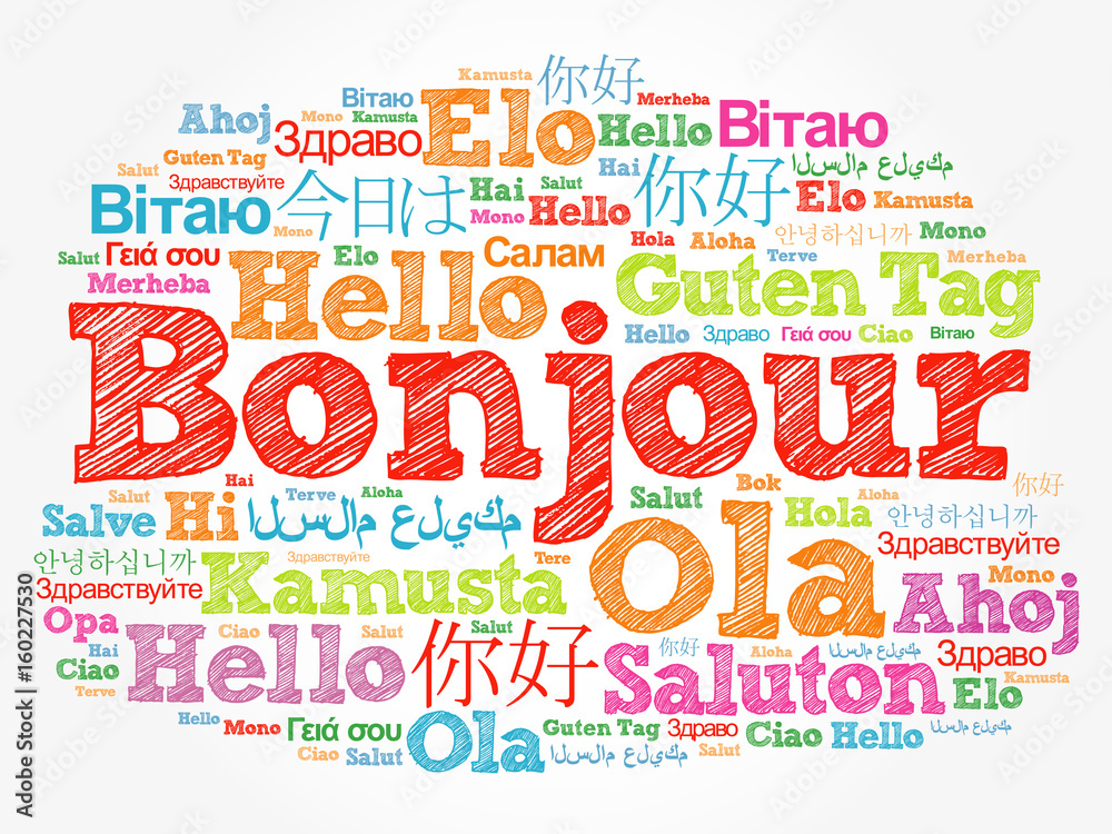 Bonjour (Hello Greeting in French) word cloud in different languages of the world, background concept Bonjour (Hello Greeting in French) word cloud in different languages of the world, background concept