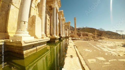 Antique Fountain in Political Centre, Gallery and Marketplace Reflections of Columns in Water Side View