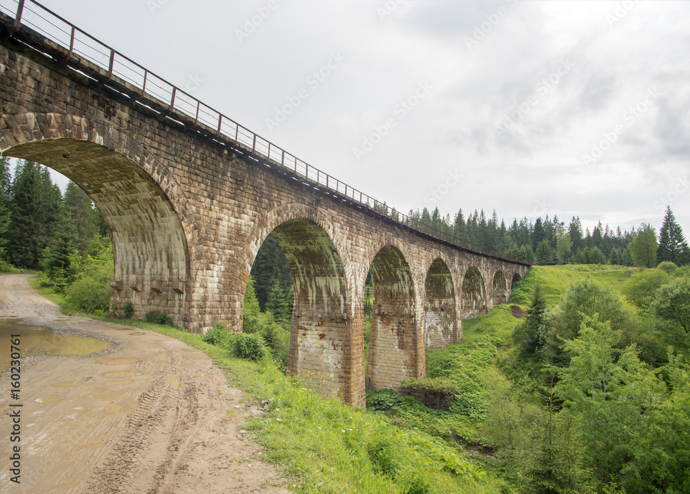 Old stone railroad bridge among fir trees
