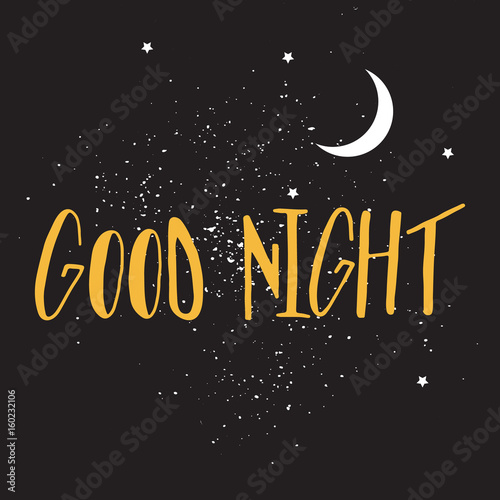 Good night hand drawn lettering illustration with dark sky, stars and moon.