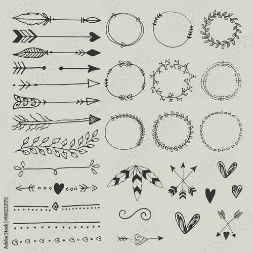 Collection of hand drawn wedding design elements, arrows, circles boders hearts and feathers.