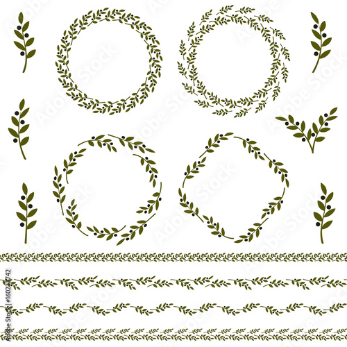 Set of green vector olive branch logo and ornament. Olives oil sign. Greek religious sign. Mythological icon.Healthy products label. Organic cosmetics. Eco food and natural element vector illustration