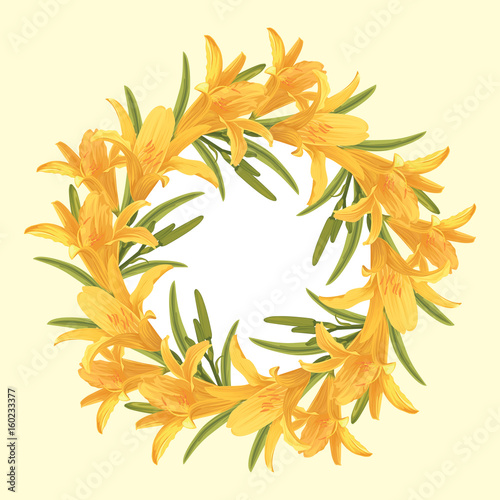 lily flowers with bud and leaves on white and yellow background. Vector set of blooming flower for your design. Adornment for wedding invitations and greeting card. © mamsizz