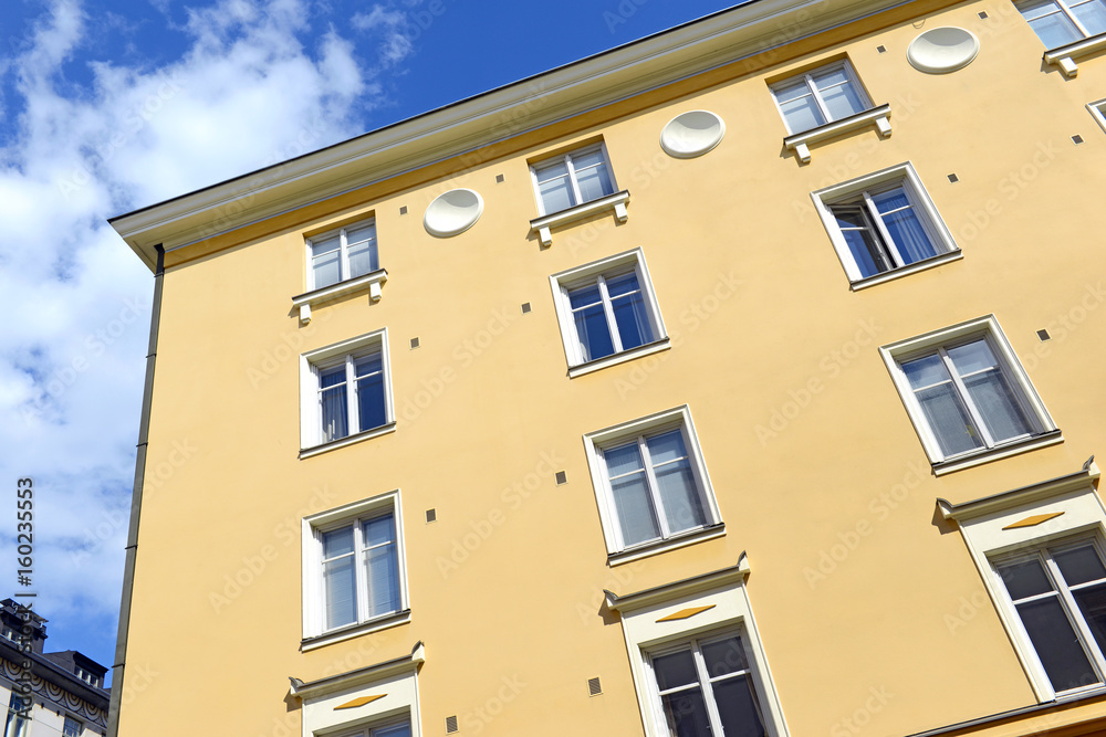 Facades of Colorful buildings typically found in Scandinavian architecture, Helsinki Finland