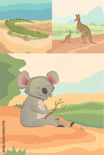 Australian animals vector crocodile, koala and kangaroo flat style