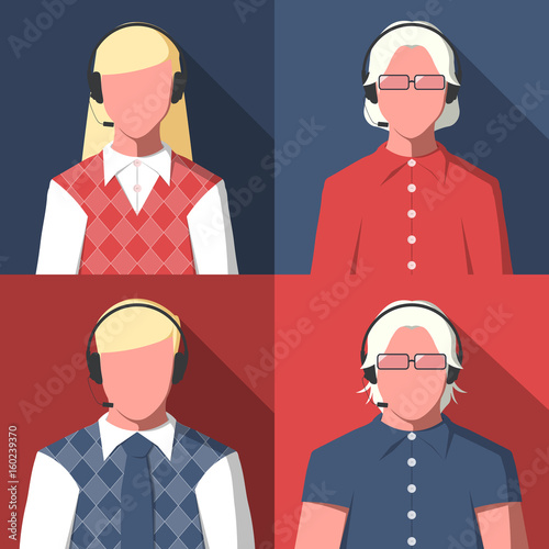 Male and female silhouettes of call center operators for user profile picture. Avatars of men and women with headset. Vector icon in flat style.