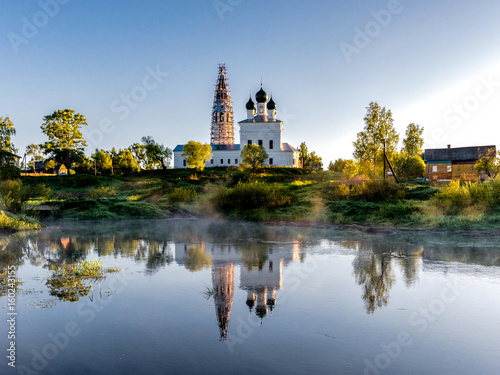 Early morning overlooking the Kazan Church and the Church of St. John the Warrior in the village of Osenevo, Gavrilov-yamskiy district of the Yaroslavl region