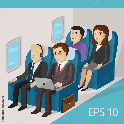 Passengers on the plane. Business trip. Vector illustration