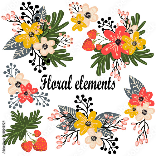 Floral elements set.  Colorful flowers  leaves  and branches collection. Spring or summer design  for invitation  wedding or greeting cards. Vector  illustration.