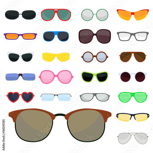Fashion set sunglasses accessory sun spectacles plastic frame modern eyeglasses vector illustration.