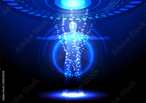 Blue portal and human hologram on dark background vector technology background