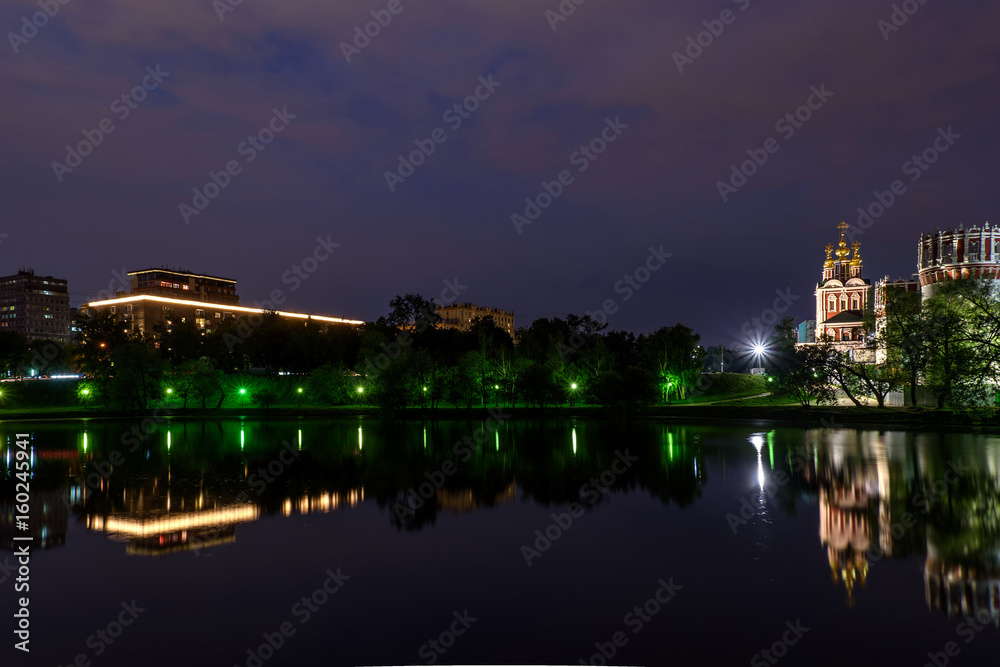 night Moscow Novodevichy monastery river reflection