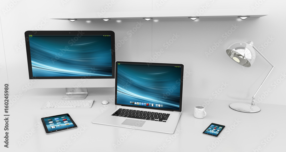Modern white desk interior with computer and devices 3D rendering Modern white desk interior with computer and devices 3D rendering