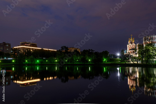 night Moscow Novodevichy monastery river reflection