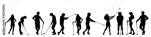 Vector silhouette of people who play golf on white background.