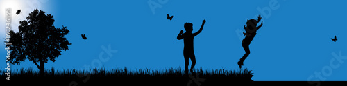 Vector silhouette of child in nature at sunny day.