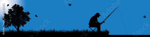 Vector silhouette of fisher in nature at sunny day.