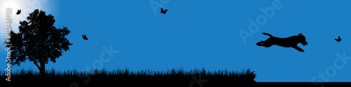 Vector silhouette of dog in nature at sunny day.