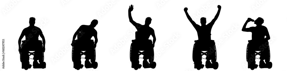 Vector silhouette of man on wheelchair on white background.