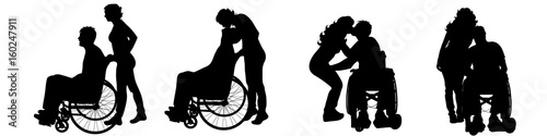 Vector silhouette of man on wheelchair on white background.