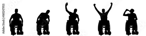 Vector silhouette of man on wheelchair on white background.