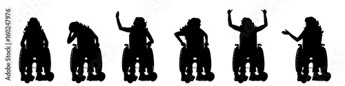 Vector silhouette of woman on wheelchair on white background.