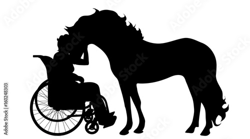 Vector silhouette of woman on wheelchair with horse on white background. © majivecka