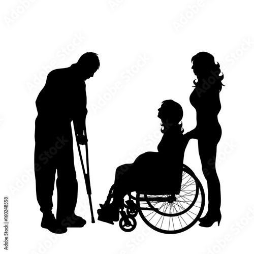 Vector silhouette of people with woman on wheelchair on white background.