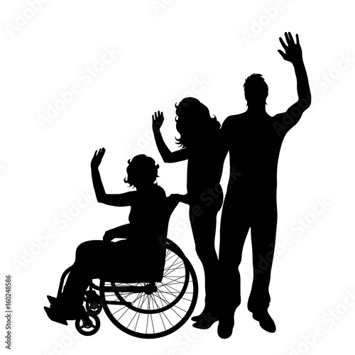 Vector silhouette of family with woman on wheelchair on white background.