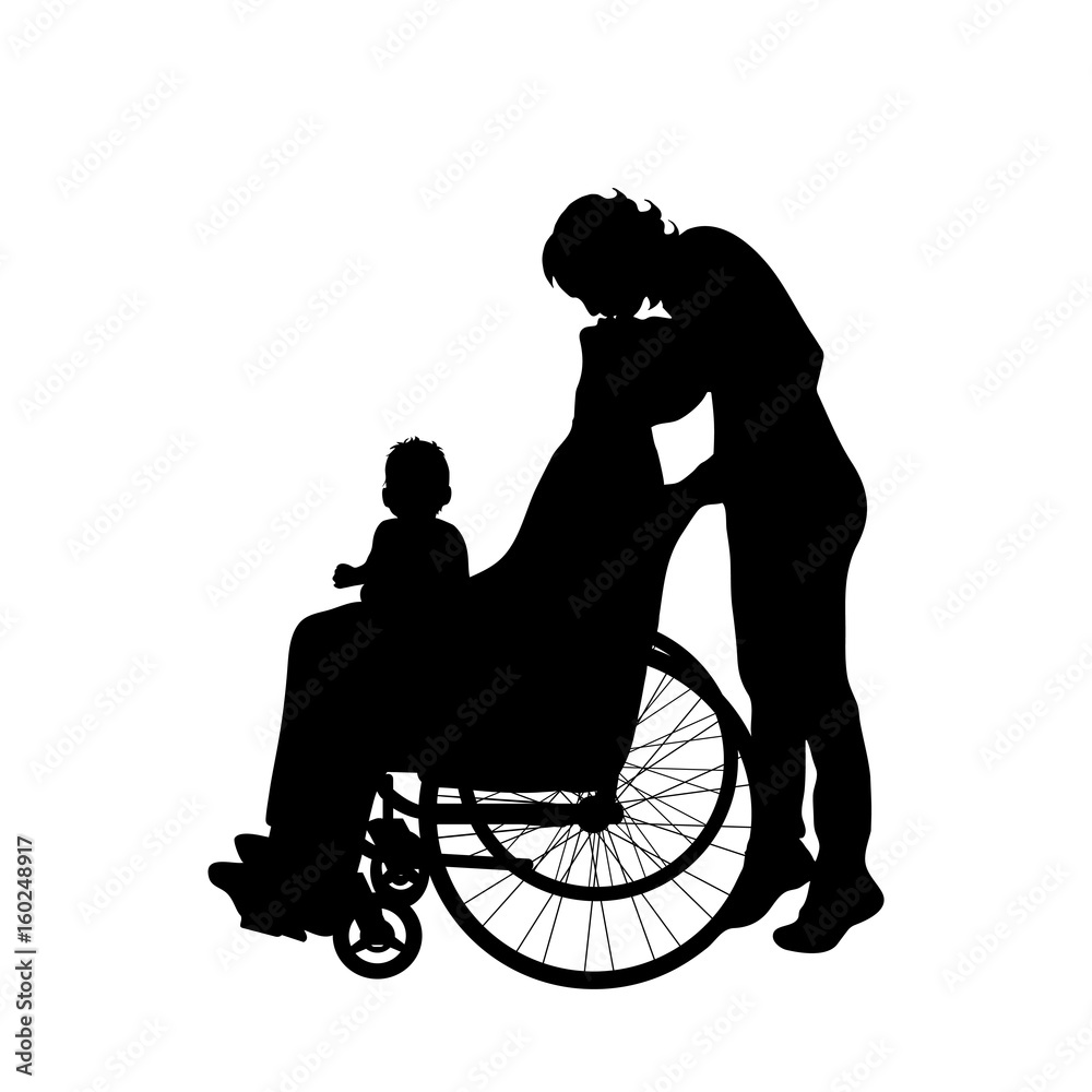 Vector silhouette of family with man on wheelchair on white background. Vector silhouette of family with man on wheelchair on white background.