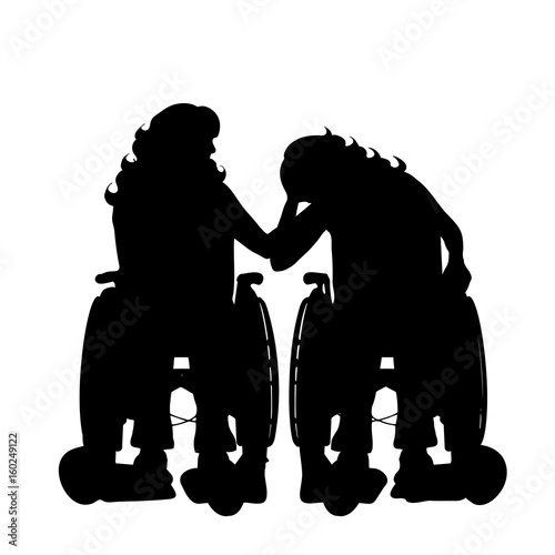 Vector silhouette of couple on wheelchair on white background.