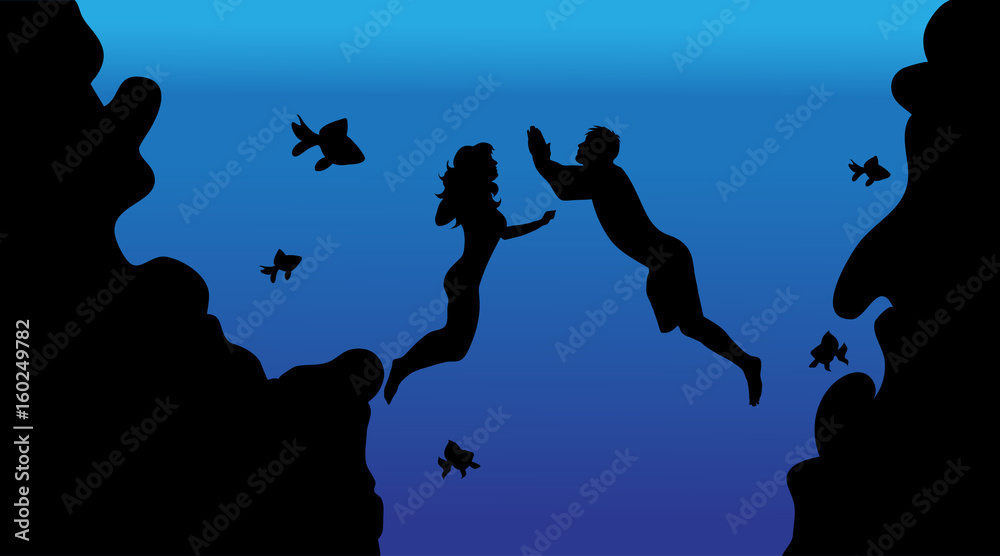 Vector illustration of under water world with diver and fish. Stock ...