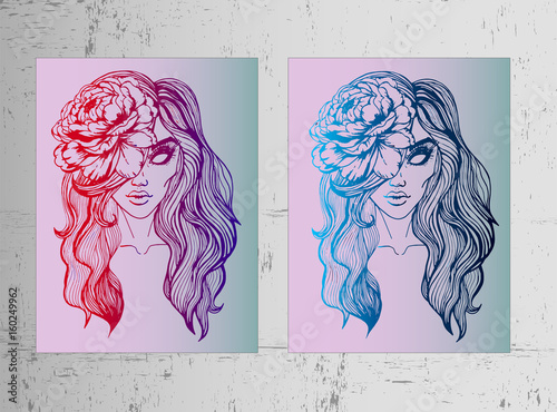 Set - two beautiful art posters - a girl with a color. Beautiful pink and purple gradient and blue metallic gradient. Gothic style, the idea for Halloween. Youth sketch of tattoo, trend of the season