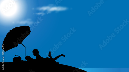 Vector silhouette of boy on the beach at sunny day.