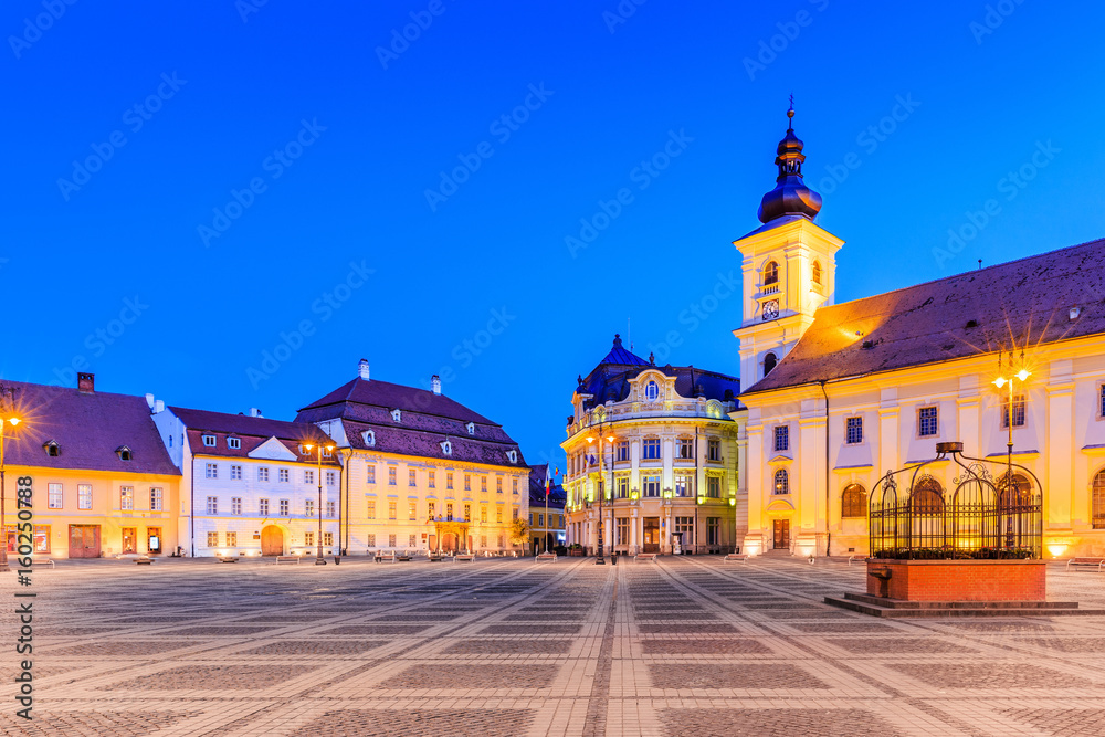 Sibiu, Romania. City Hall and Brukenthal palace in Transylvania.