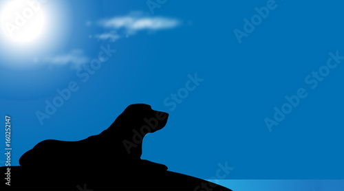 Vector silhouette of dog on the beach at sunny day.