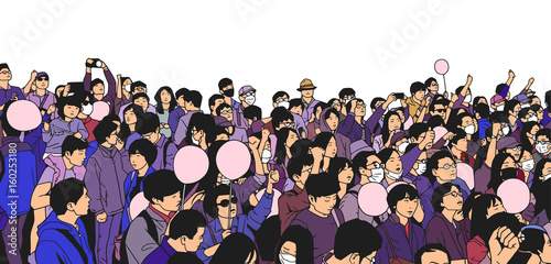 Illustration of peaceful crowd protest with children and blank balloons