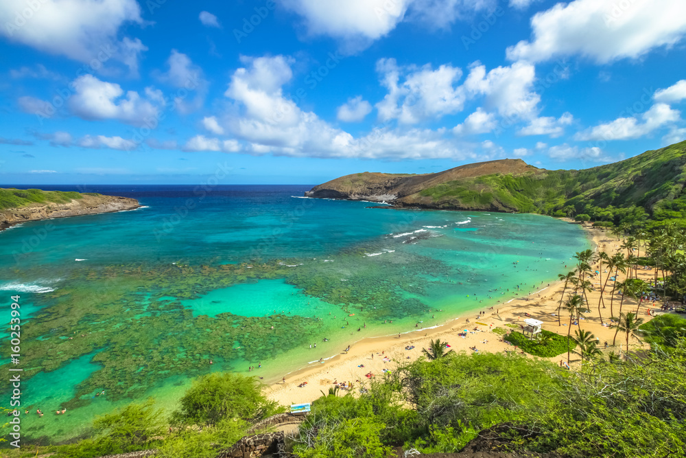 Aerial view of famous Hanauma Bay Nature Preserve with beach and coral reef in Oahu island, Hawaii, United States. Summer time leisure and water sports recreation. Nature scenic landscape.