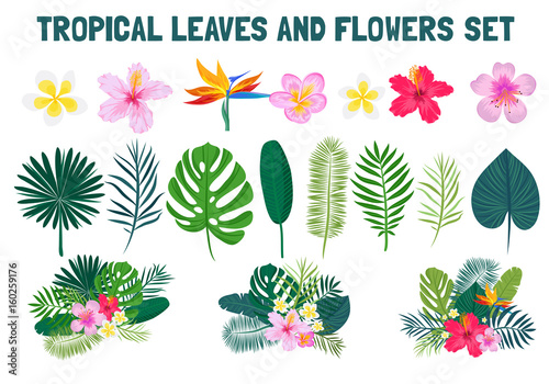 Tropical seamless pattern with palm leaves and flowers