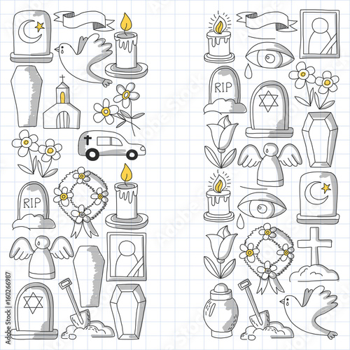 Funeral thin line icon. Set of funeral objects Doodle vector icons RIP