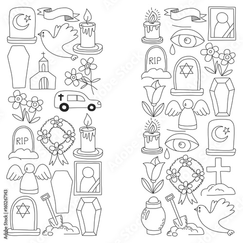 Funeral thin line icon. Set of funeral objects Doodle vector icons RIP