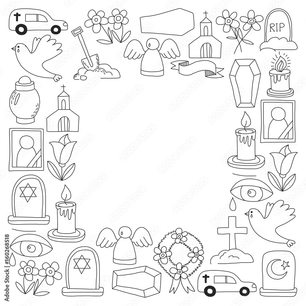 Funeral thin line icon. Set of funeral objects Doodle vector icons RIP