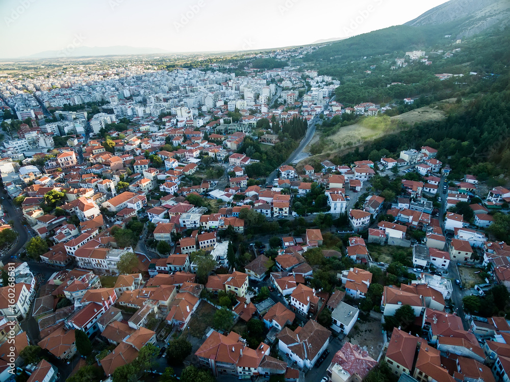 With drone flight above the old town of Xanthi in northern Greece