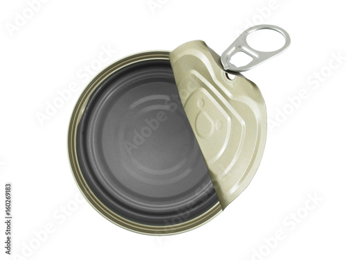 single open empty aluminum can (foods processed) and bent lid with pull ring isolated on white background, packaging for food preservation, flat lay close up top view