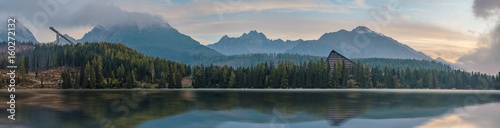 Panorama of high resolution mountain lake Strbske Pleso in Slovakia