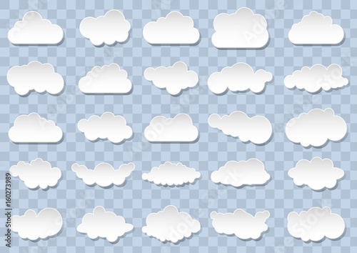 Detailed cloud icons on blue background. 25 different vector clouds. Cloudscape.