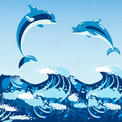 Cute dolphins aquatic marine nature ocean blue mammal sea water wildlife animal vector illustration.