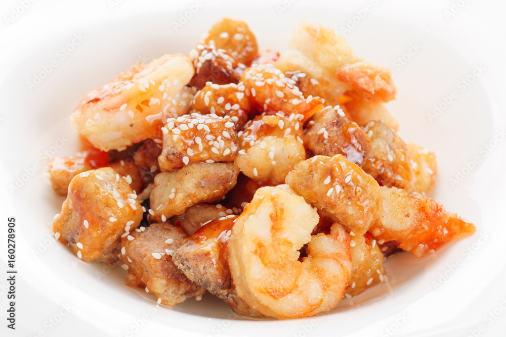 Deep fried eggplant and shrimps in sweet-sour sauce Deep fried eggplant and shrimps in sweet-sour sauce