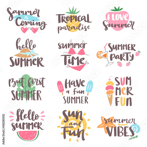 Summer coming time lettering text typography art hand drawn nature vacation travel quote phrases vector illustration