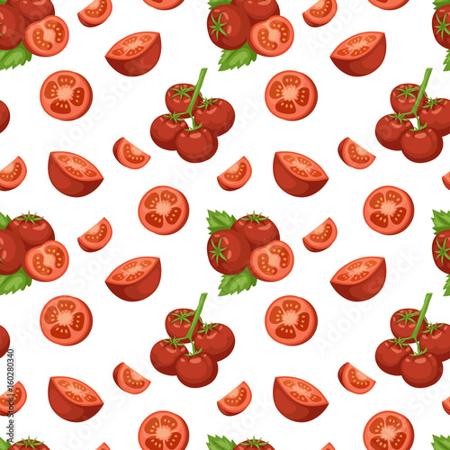 Vegetable organic food sliced red tomato and bunch cluster seamless pattern vector illustration background